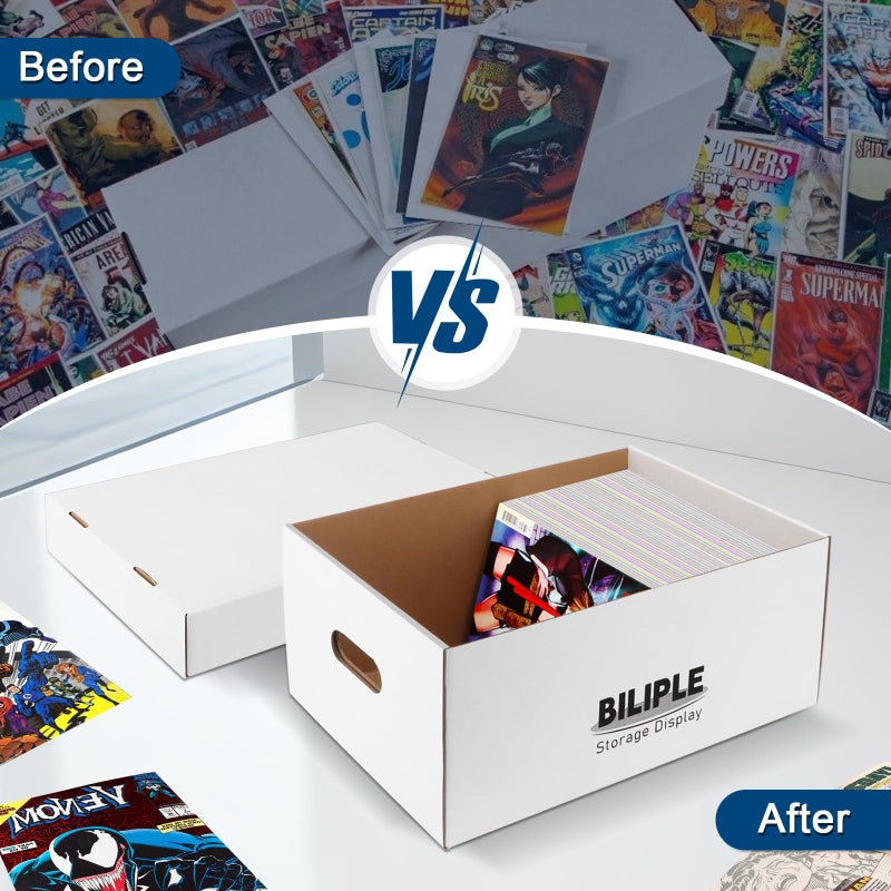 BILIPLE 6 Pack Comic Book Storage Box, 15.8" X 7.2" X 10.7" Thick Cardboard Comic Long Box with Lids, Holds 150-175 Current/Silver Age Comics, Stackable Comics Books Bin Container Organizer Holder(White) - Image 4