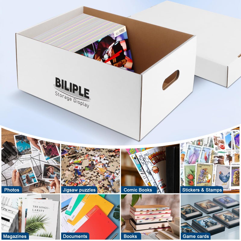 BILIPLE 6 Pack Comic Book Storage Box, 15.8" X 7.2" X 10.7" Thick Cardboard Comic Long Box with Lids, Holds 150-175 Current/Silver Age Comics, Stackable Comics Books Bin Container Organizer Holder(White) - Image 5