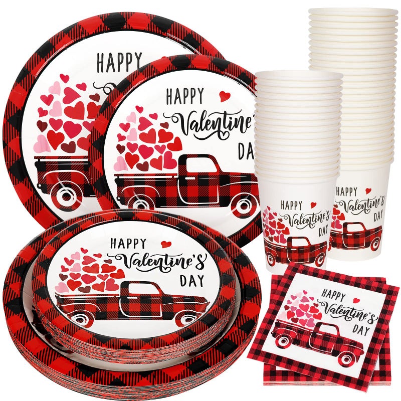 Whaline 100Pcs Valentine's Day Tableware Set Buffalo Plaid Heart Truck Disposable Dinnerware Set 50Pcs Paper Plates 25Pcs Napkin 25Pcs Cups for Valentine's Day Party Supplies Table Decorations - Image 1