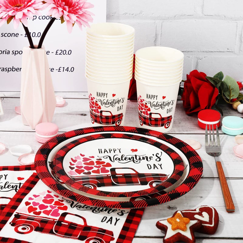 Whaline 100Pcs Valentine's Day Tableware Set Buffalo Plaid Heart Truck Disposable Dinnerware Set 50Pcs Paper Plates 25Pcs Napkin 25Pcs Cups for Valentine's Day Party Supplies Table Decorations - Image 4