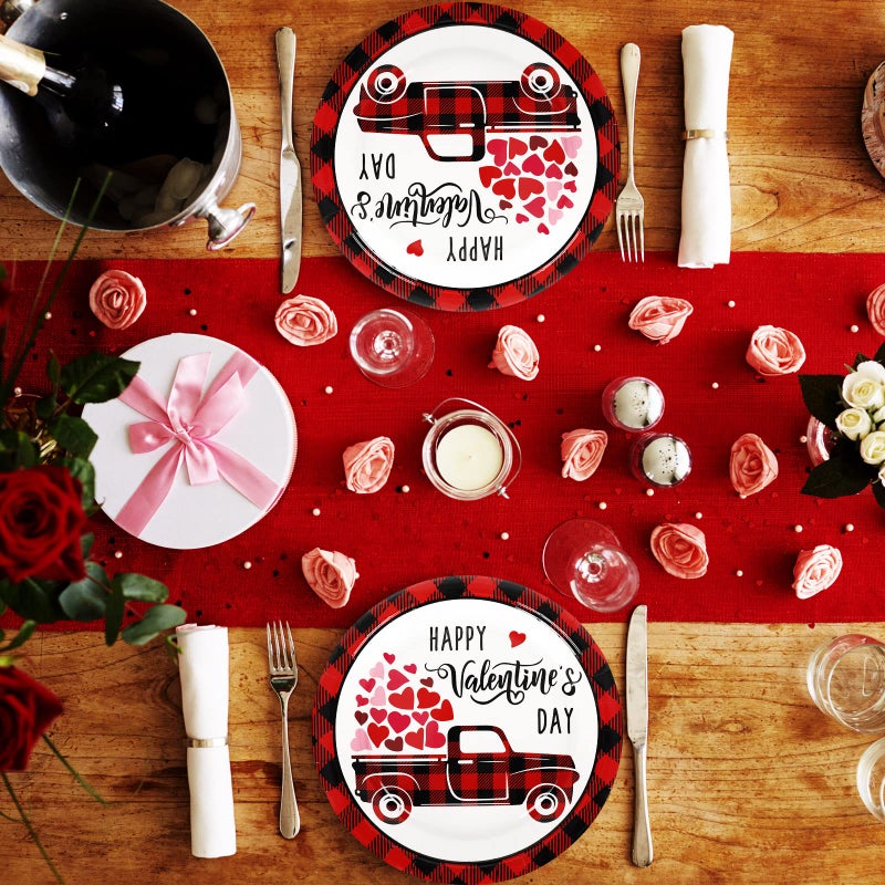 Whaline 100Pcs Valentine's Day Tableware Set Buffalo Plaid Heart Truck Disposable Dinnerware Set 50Pcs Paper Plates 25Pcs Napkin 25Pcs Cups for Valentine's Day Party Supplies Table Decorations - Image 5