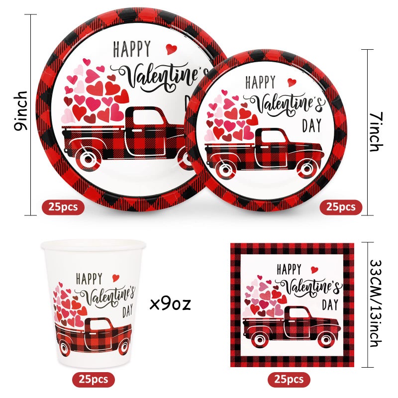 Whaline 100Pcs Valentine's Day Tableware Set Buffalo Plaid Heart Truck Disposable Dinnerware Set 50Pcs Paper Plates 25Pcs Napkin 25Pcs Cups for Valentine's Day Party Supplies Table Decorations - Image 2