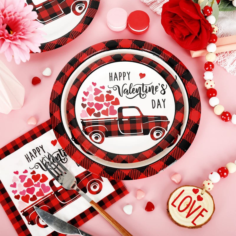 Whaline 100Pcs Valentine's Day Tableware Set Buffalo Plaid Heart Truck Disposable Dinnerware Set 50Pcs Paper Plates 25Pcs Napkin 25Pcs Cups for Valentine's Day Party Supplies Table Decorations - Image 3