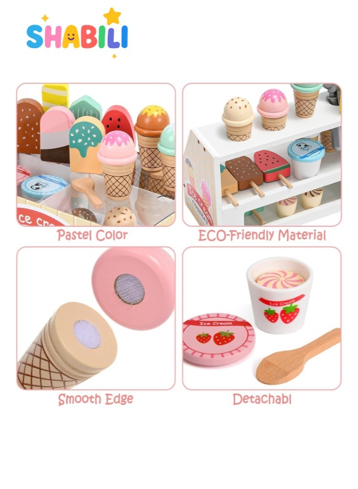 SHABILI Wooden Ice Cream Shop Playset for Kids, 45 Pcs Montessori Kitchen Toys with Scoop, Cones, Popsicles, Money & Coins, Pretend Food Educational Toy for Toddlers, Ice Cream Maker Play Kitchen Set for Girls & Boys - Image 5