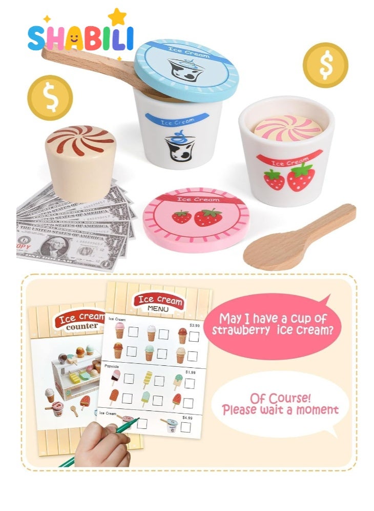 SHABILI Wooden Ice Cream Shop Playset for Kids, 45 Pcs Montessori Kitchen Toys with Scoop, Cones, Popsicles, Money & Coins, Pretend Food Educational Toy for Toddlers, Ice Cream Maker Play Kitchen Set for Girls & Boys - Image 2