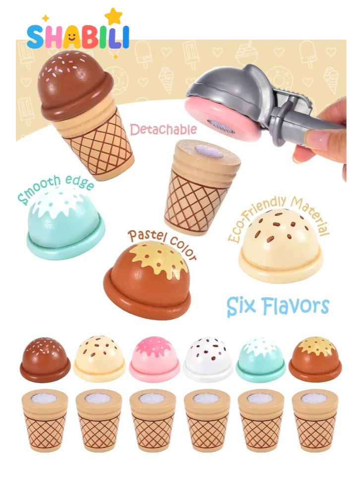 SHABILI Wooden Ice Cream Shop Playset for Kids, 45 Pcs Montessori Kitchen Toys with Scoop, Cones, Popsicles, Money & Coins, Pretend Food Educational Toy for Toddlers, Ice Cream Maker Play Kitchen Set for Girls & Boys - Image 3