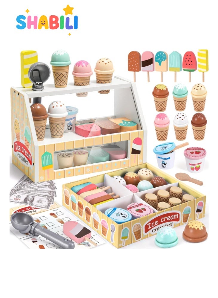 SHABILI Wooden Ice Cream Shop Playset for Kids, 45 Pcs Montessori Kitchen Toys with Scoop, Cones, Popsicles, Money & Coins, Pretend Food Educational Toy for Toddlers, Ice Cream Maker Play Kitchen Set for Girls & Boys - Image 1