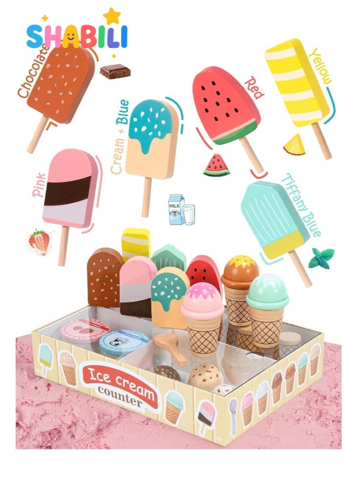 SHABILI Wooden Ice Cream Shop Playset for Kids, 45 Pcs Montessori Kitchen Toys with Scoop, Cones, Popsicles, Money & Coins, Pretend Food Educational Toy for Toddlers, Ice Cream Maker Play Kitchen Set for Girls & Boys - Image 4