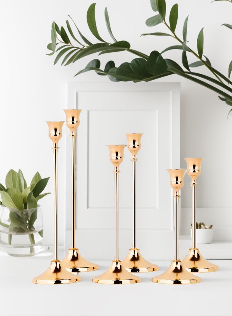 مجموعة من 6 حاملات شموع عتيقة، حاملات شموع مدببة، مجموعة حاملات شموع، مجموعة حاملات شموع ذهبية وردية، قطعة مركزية زخرفية عصرية عتيقة لرف الطاولة، هدية حفل زفاف، حفل استقبال ضيوف - Image 3