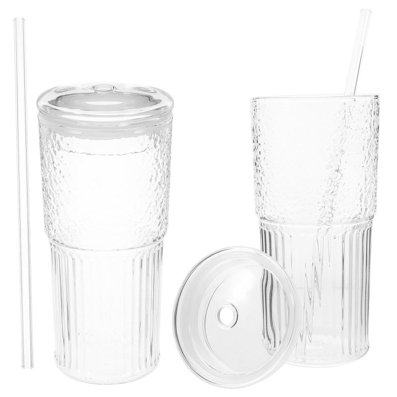 2Pcs Glass Tumbler Cups with Lid and Water Coffee Drinking Bottle Juice Cup Beverage Cup - Image 1