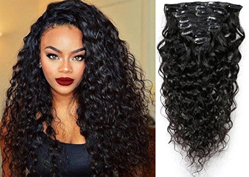 14inch 7 Pcs 120g Water Wave Curly Virgin Brazilian Remy Clip in Human Hair Extension Wavy Human Hair Extensions Clip Ins Natural Black Clip on Hair Extensions for Black Women