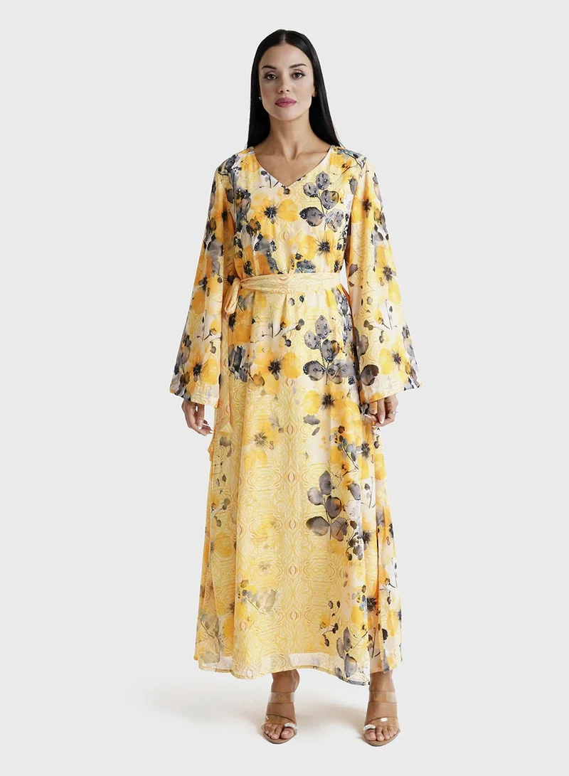 KASHKHA Yellow Floral Printed Faux Georgette Hand Work Maxi Dress (VDE368)