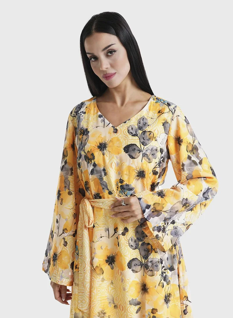 KASHKHA Yellow Floral Printed Faux Georgette Hand Work Maxi Dress (VDE368)