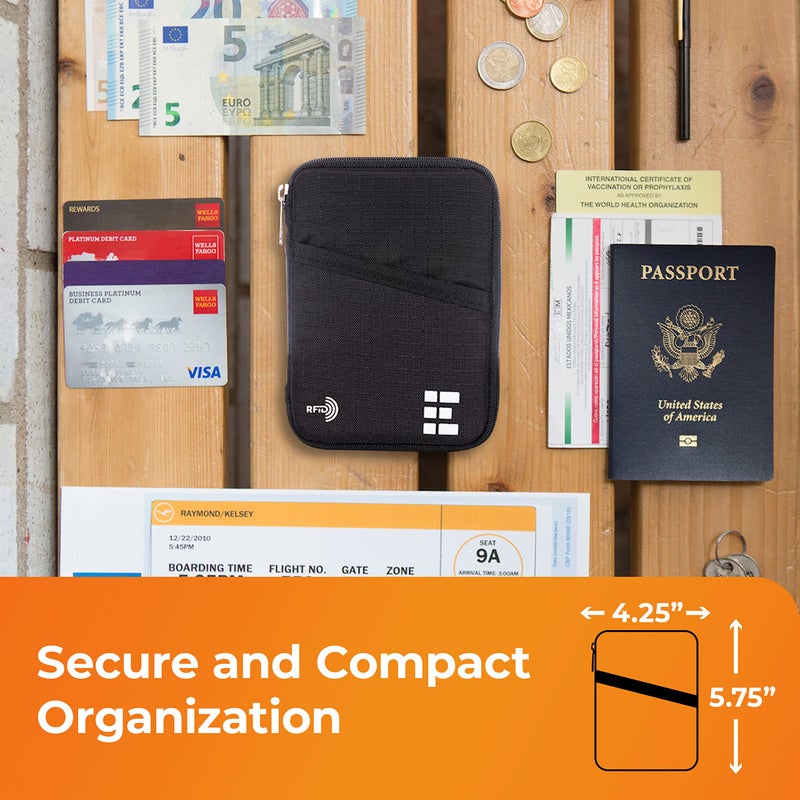 Zero Grid Passport Holder & Travel Wallet with RFID Blocking - Premium Document Organizer Case for Men and Women - Holds Passports, Cards, Tickets, ID, Cash - Compact Zippered Wallet - Midnight  - Image 3