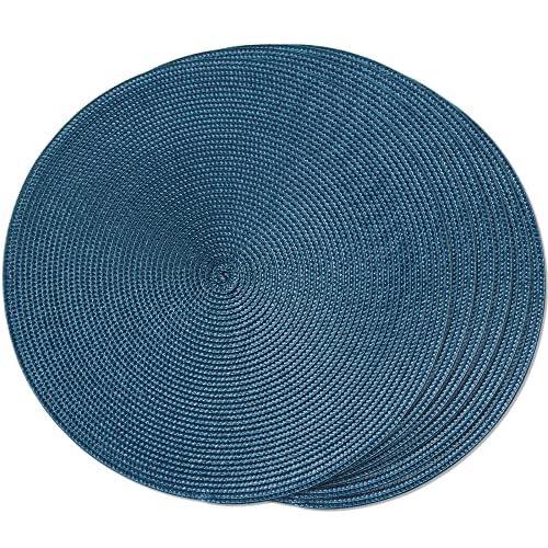 FunWheat Round Braided Placemats Set of 6 Table Mats for Dining Tables Woven Washable NonSlip Place mats 15 inBlue 6pcs