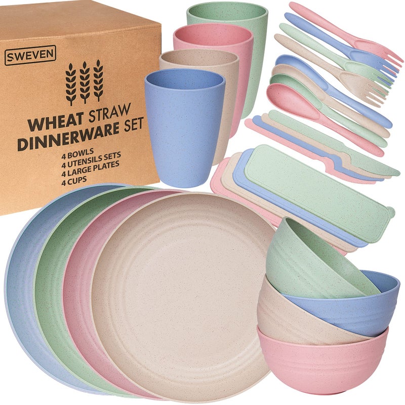 SWEVEN Wheat Straw Dinnerware Sets | Unbreakable Dinnerware Sets | Dishwasher Microwave Safe Dinnerware | Eco Friendly Non Breakable Dinnerware Sets | Plates, Bowls, Cups, Cutlery (Multi) - Image 1