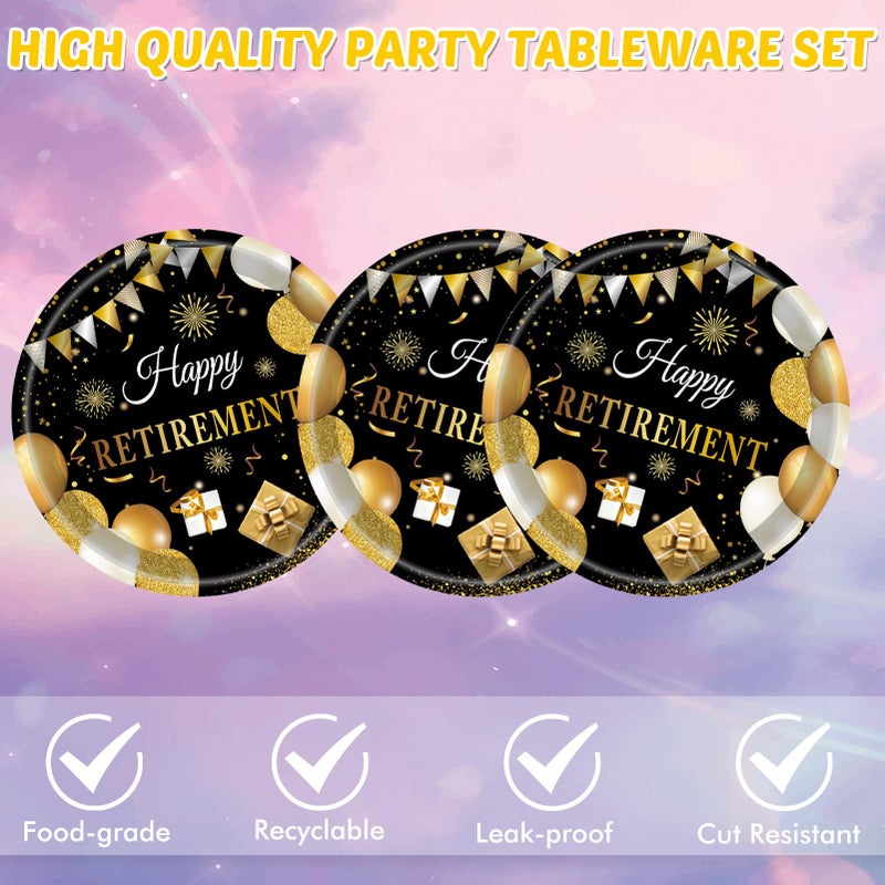 KHAIVI 40PCS Retirement Decorations For Men Happy Retirement Decorations Plates Napkins Tableware Set Black and Golden Disposable Dinnerware Table Decoration Favors for Women Men - Image 3