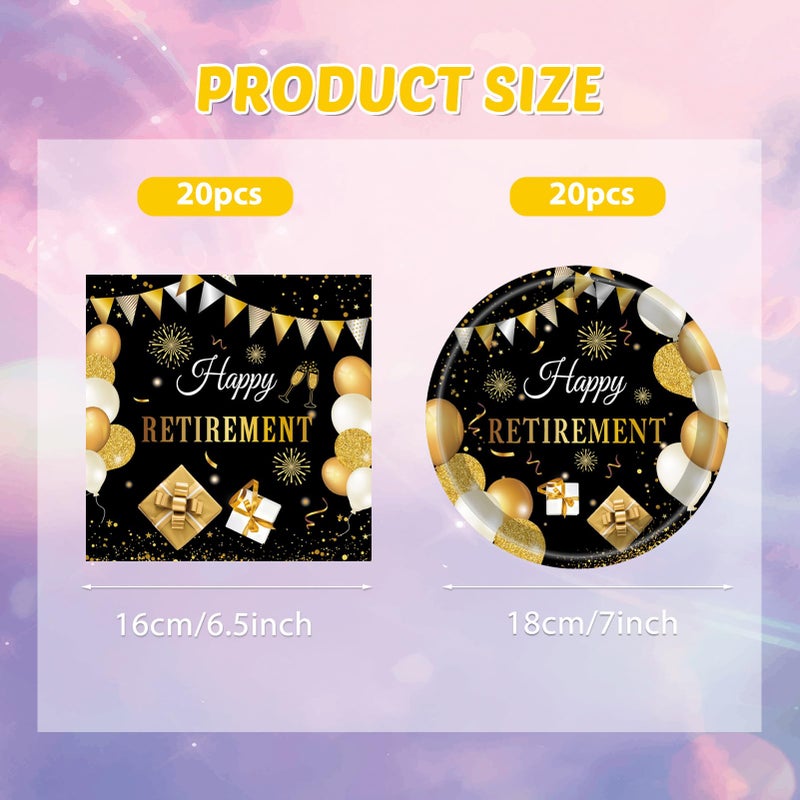 KHAIVI 40PCS Retirement Decorations For Men Happy Retirement Decorations Plates Napkins Tableware Set Black and Golden Disposable Dinnerware Table Decoration Favors for Women Men - Image 2