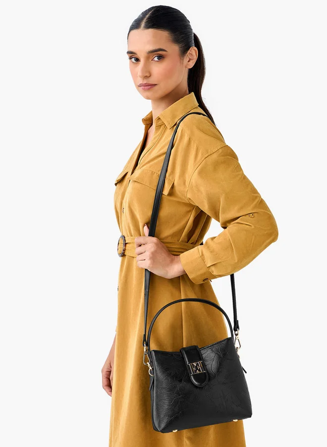 ايل Floral Embossed Shoulder Bag with Button Closure