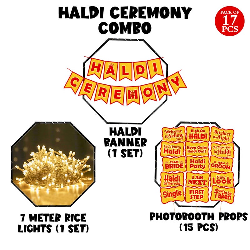 Zyozique ® Haldi Ceremony Decoration Items/Mehendi Decoration Items for Home Bride and Family - Haldi Ceremony Paper Banner , Photo Booth Props & Rice Light (Pack of 17) - Image 2