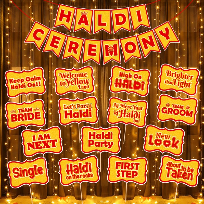 Zyozique ® Haldi Ceremony Decoration Items/Mehendi Decoration Items for Home Bride and Family - Haldi Ceremony Paper Banner , Photo Booth Props & Rice Light (Pack of 17) - Image 1