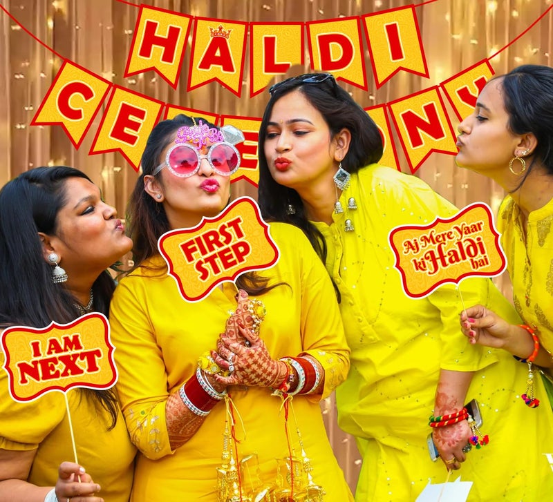 Zyozique ® Haldi Ceremony Decoration Items/Mehendi Decoration Items for Home Bride and Family - Haldi Ceremony Paper Banner , Photo Booth Props & Rice Light (Pack of 17) - Image 5