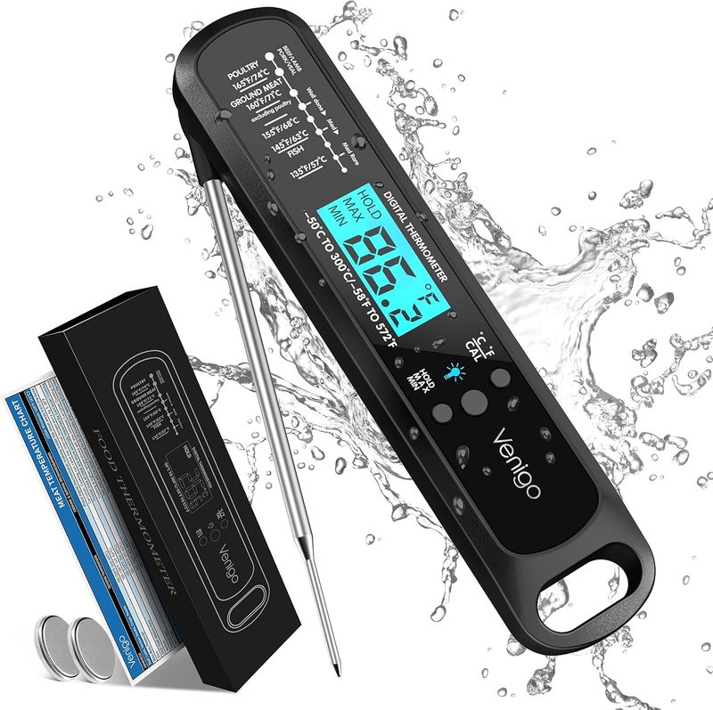 Digital Meat and Food Thermometer for Cooking and Grilling, Waterproof Instant-Read Cooking Thermometer, Kitchen Probe Thermometer for Baking, Roasting, Smoking, Deep Frying (Black)