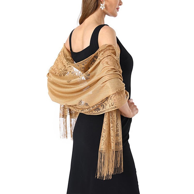Ladiery Women's Floral Lace Scarf Shawl with Tassels, Soft Mesh Fringe Wraps for Wedding Evening Party Dresses - Image 3