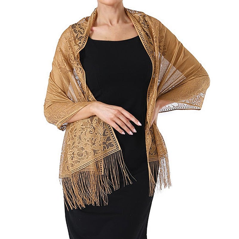 Ladiery Women's Floral Lace Scarf Shawl with Tassels, Soft Mesh Fringe Wraps for Wedding Evening Party Dresses - Image 1