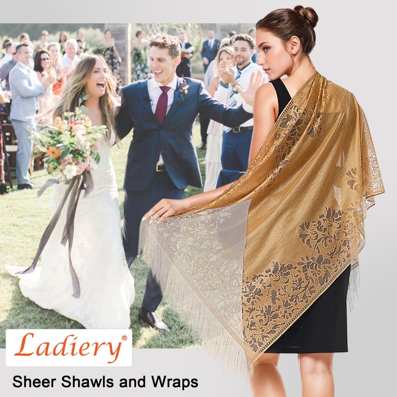 Ladiery Women's Floral Lace Scarf Shawl with Tassels, Soft Mesh Fringe Wraps for Wedding Evening Party Dresses - Image 2