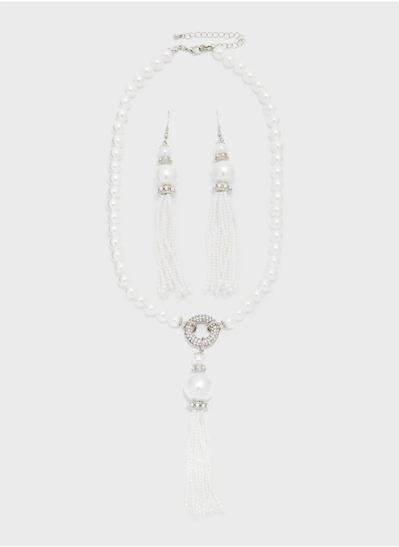 خزانة Long Tassel Pendant Peral Necklace & Drop Earrings Set