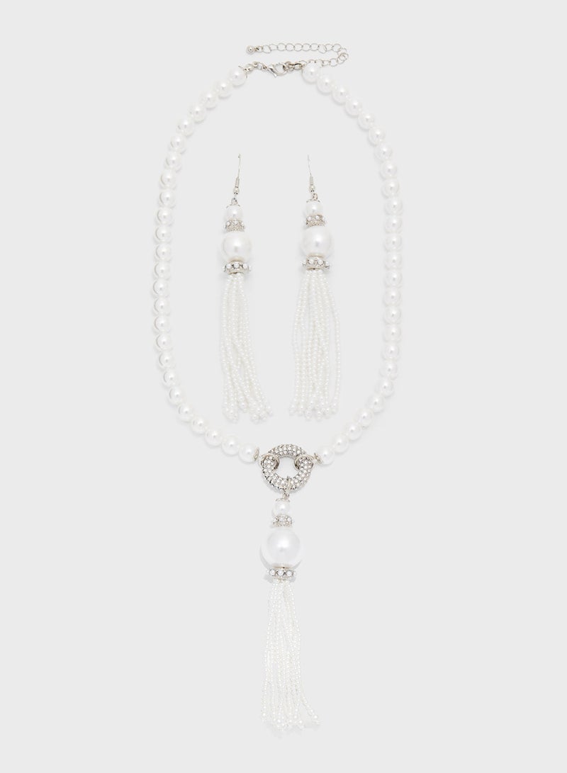 خزانة طقم قلادة طويلة بتعليقة شراشيب ولؤلؤ وأقراط متدلية - Image 1