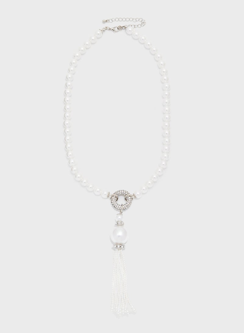 خزانة طقم قلادة طويلة بتعليقة شراشيب ولؤلؤ وأقراط متدلية - Image 2