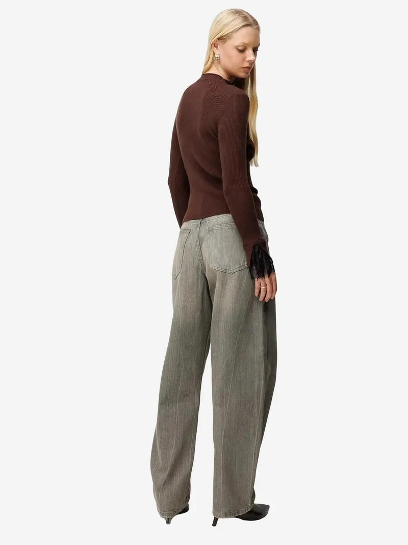 Mixray Coffee Brown MIXRAY Slim Fit Ribbed Knit Sweater with Crew Neck for Women | Best Price UAE