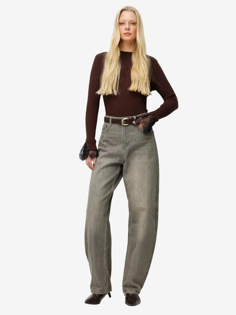 Mixray Coffee Brown MIXRAY Slim Fit Ribbed Knit Sweater with Crew Neck for Women | Best Price UAE