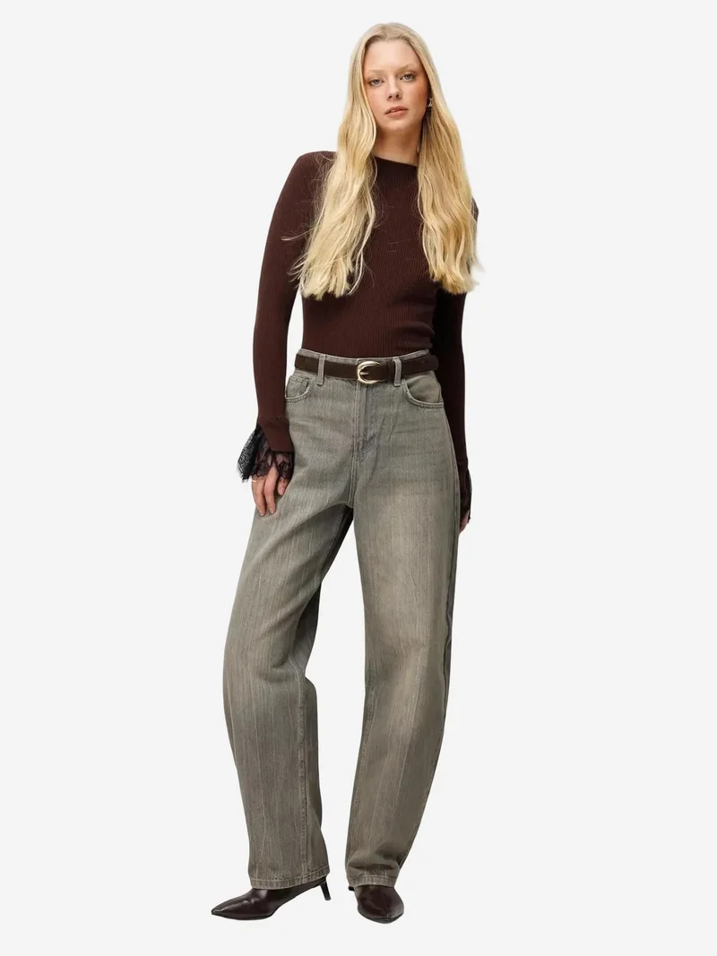 Mixray Coffee Brown MIXRAY Slim Fit Ribbed Knit Sweater with Crew Neck for Women | Best Price UAE