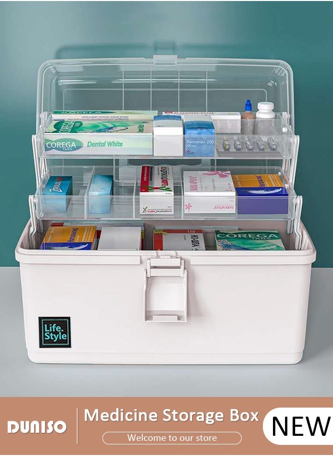 DUNISO 3 Layers Medicine Storage Box Family Emergency Kit Container Clear First Aid Box Organizer with Lid Handle, Multipurpose Durable Craft Tool Case Plastic Professional Emergency Bin for Home Travel Car Camping Office  - Image 1