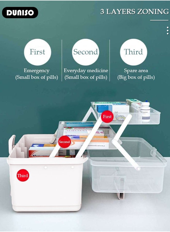 DUNISO 3 Layers Medicine Storage Box Family Emergency Kit Container Clear First Aid Box Organizer with Lid Handle, Multipurpose Durable Craft Tool Case Plastic Professional Emergency Bin for Home Travel Car Camping Office  - Image 3