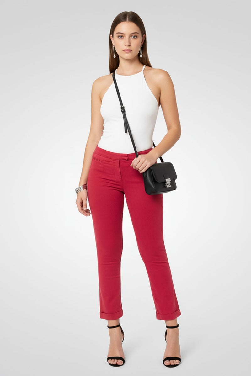Harmont & Blaine Women Slim Fit  Solid Stretchable Cropped Pants, Red - Image 2