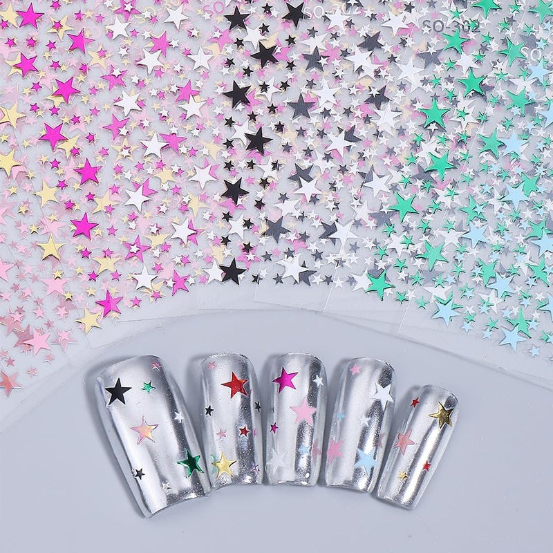 SPLOCUDU 10 Sheets Star Nail Stickers 3D Glitters Starlight Nail Art Stickers Shiny Stars Self-Adhesive Nails Decals Black White Red Purple Laser Silver Gold for Women - Image 2