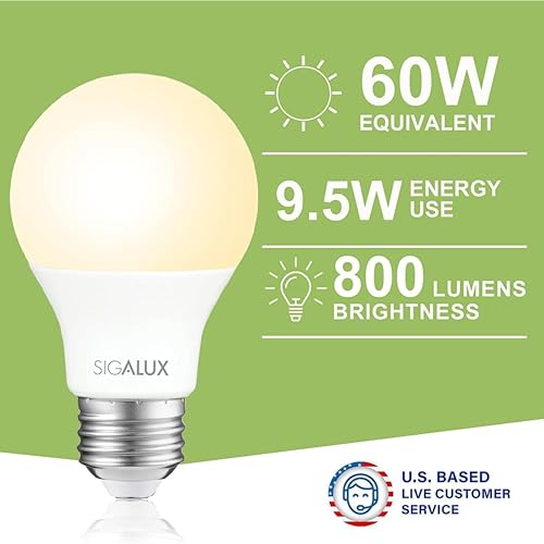 Sigalux LED Light Bulbs 60 Watt Equivalent A19 Standard Light Bulbs 2700K Warm, Non-Dimmable Energy Efficient 9.5W LED Soft White Bulb with E26 Medium Base, 800 Lumens, UL Listed, 4 Packs - Image 2