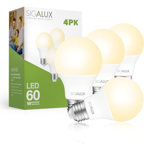 Sigalux LED Light Bulbs 60 Watt Equivalent A19 Standard Light Bulbs 2700K Warm, Non-Dimmable Energy Efficient 9.5W LED Soft White Bulb with E26 Medium Base, 800 Lumens, UL Listed, 4 Packs - Image 1
