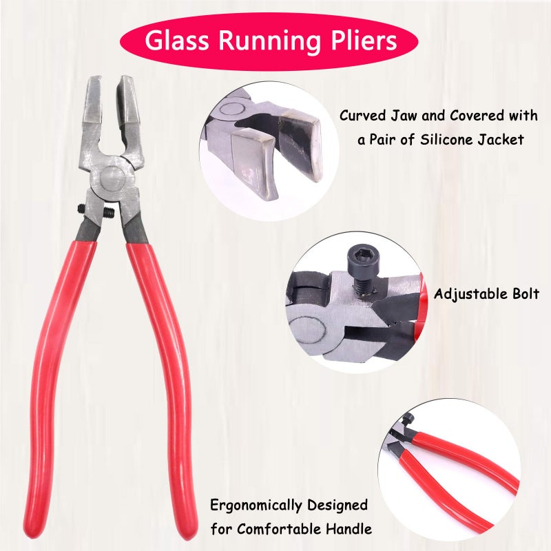 MEILLYOCEAN Glass Cutting Tool Set Kit,Premium Glass Running Breaking Pliers and Glass Cutter Kit, Heavy Duty Glass Cutting Tool with Rubber Tip, Work Great for Stained Glass, Mosaics, Fusing, Breaking - Image 3