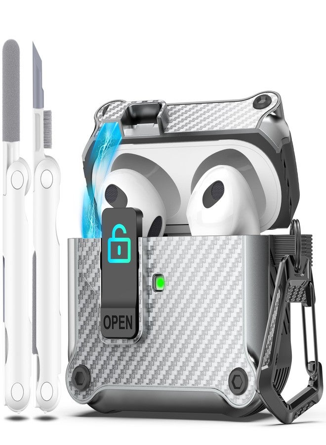 R-fun for AirPods 3rd Generation 2021 Charging Case Cover, Full Drop Protection Auto Pop-Up Lid Design for Apple Airpod 3 Gen Case with Cleaner Kit & Keychain,Carbon Fiber Silver - Image 1