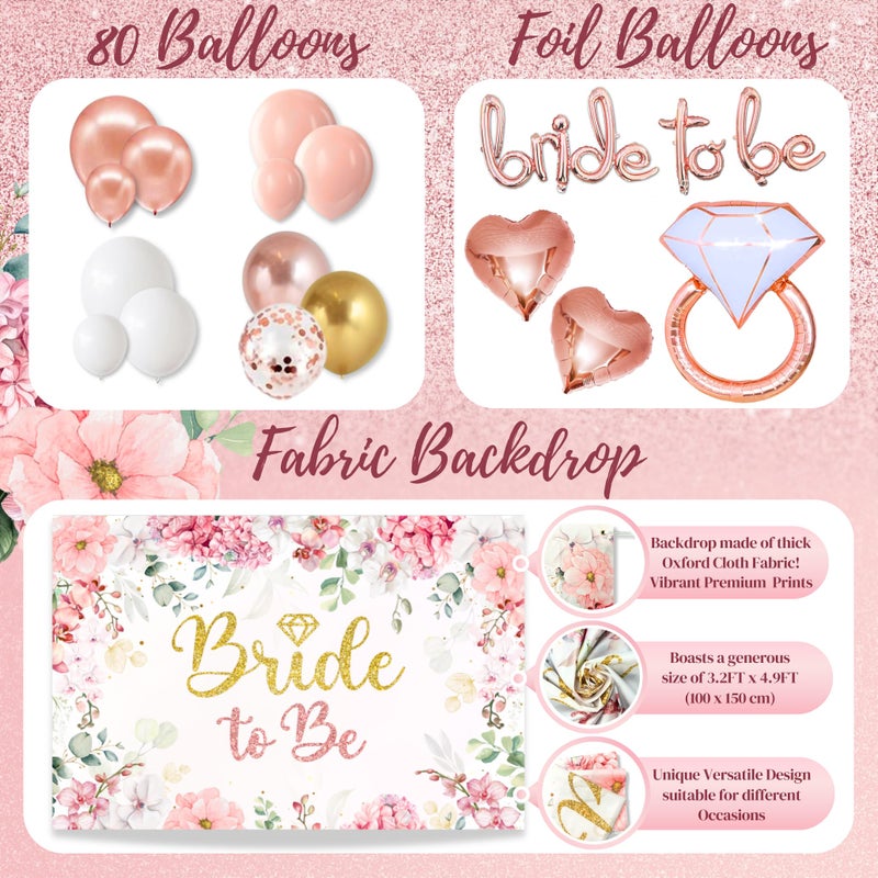 RainMeadow 189 pc Premium Bridal Shower Party Decorations â€“ Balloons, Bride to Be Sash, Veil, Headband, Backdrop, Props â€“ Pink Bachelorette Party Decorations for Engagement, Rose Gold Bridal Shower Decorations - Image 3