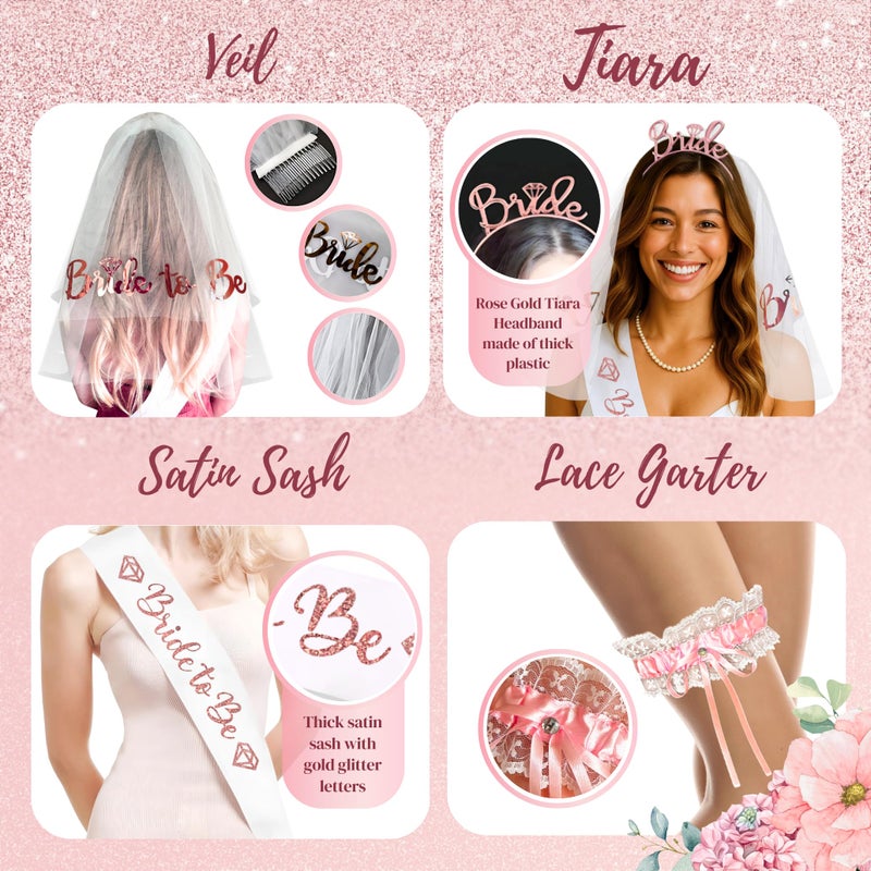 RainMeadow 189 pc Premium Bridal Shower Party Decorations â€“ Balloons, Bride to Be Sash, Veil, Headband, Backdrop, Props â€“ Pink Bachelorette Party Decorations for Engagement, Rose Gold Bridal Shower Decorations - Image 4