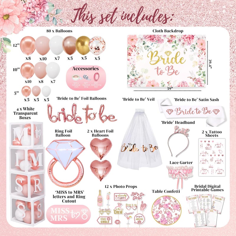 RainMeadow 189 pc Premium Bridal Shower Party Decorations â€“ Balloons, Bride to Be Sash, Veil, Headband, Backdrop, Props â€“ Pink Bachelorette Party Decorations for Engagement, Rose Gold Bridal Shower Decorations - Image 2