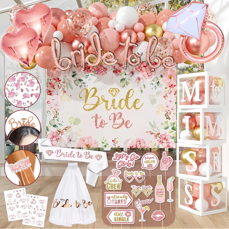 RainMeadow 189 pc Premium Bridal Shower Party Decorations â€“ Balloons, Bride to Be Sash, Veil, Headband, Backdrop, Props â€“ Pink Bachelorette Party Decorations for Engagement, Rose Gold Bridal Shower Decorations - Image 1