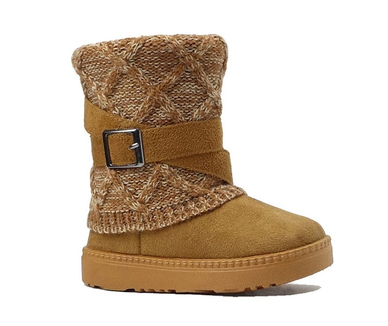 REDVOLUTION Kids Boots Toddler Girls Cute 2 Buttons || Rhinestone Faux Fur Suede Knitting Shoe (Small Kid 12, 2018 Camel) - Image 1