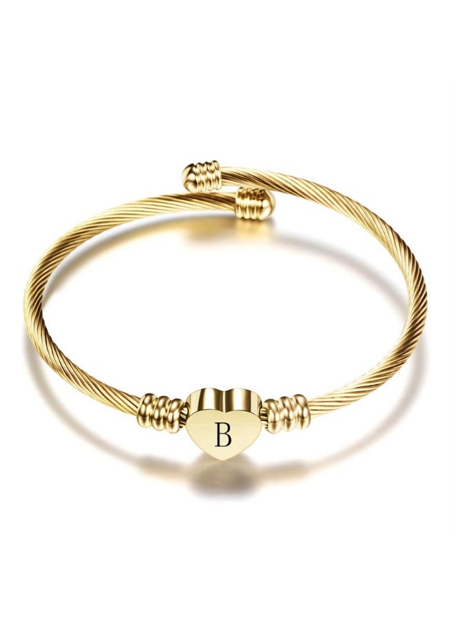 Gold Plated Stainless Steel Bracelet with Heart-Shaped Letter Charm, Adjustable Birthday Jewelry Gift for Girls, Daughter, Sister (B) - Image 1